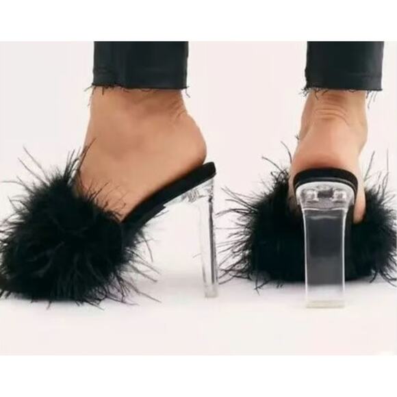 Jeffrey Campbell Shoes - Jeffrey Campbell Shoes Womens Size 10 Feather Fluff Heels Clear Lucite Mules